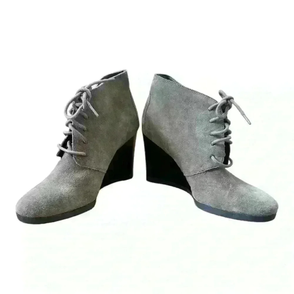 Franco Sarto Weston Taupe Brown Tan Suede Leather Lace Up Wedge Ankle Booties, 6 - Picture 2 of 10